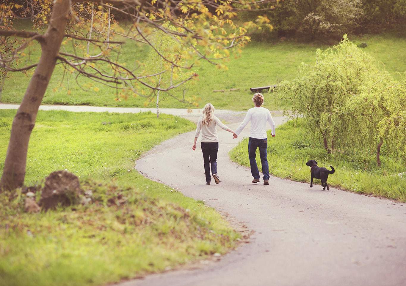 2 people and a dog on a walk