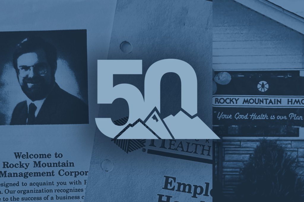 Rocky Mountain Health 50th anniversary logo with historical documents in the background.