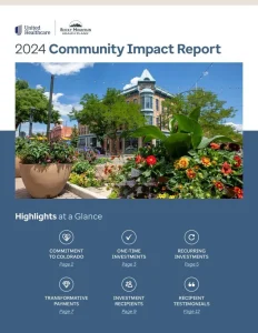 2024 Community Impact Report cover with garden, historic building, and report highlights from UnitedHealthcare.